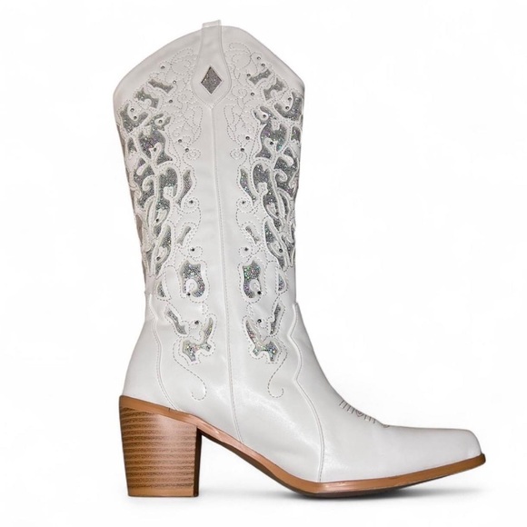 White Western Cowgirl Boots with Sparkle Inlay – Size 9 - Picture 1 of 7